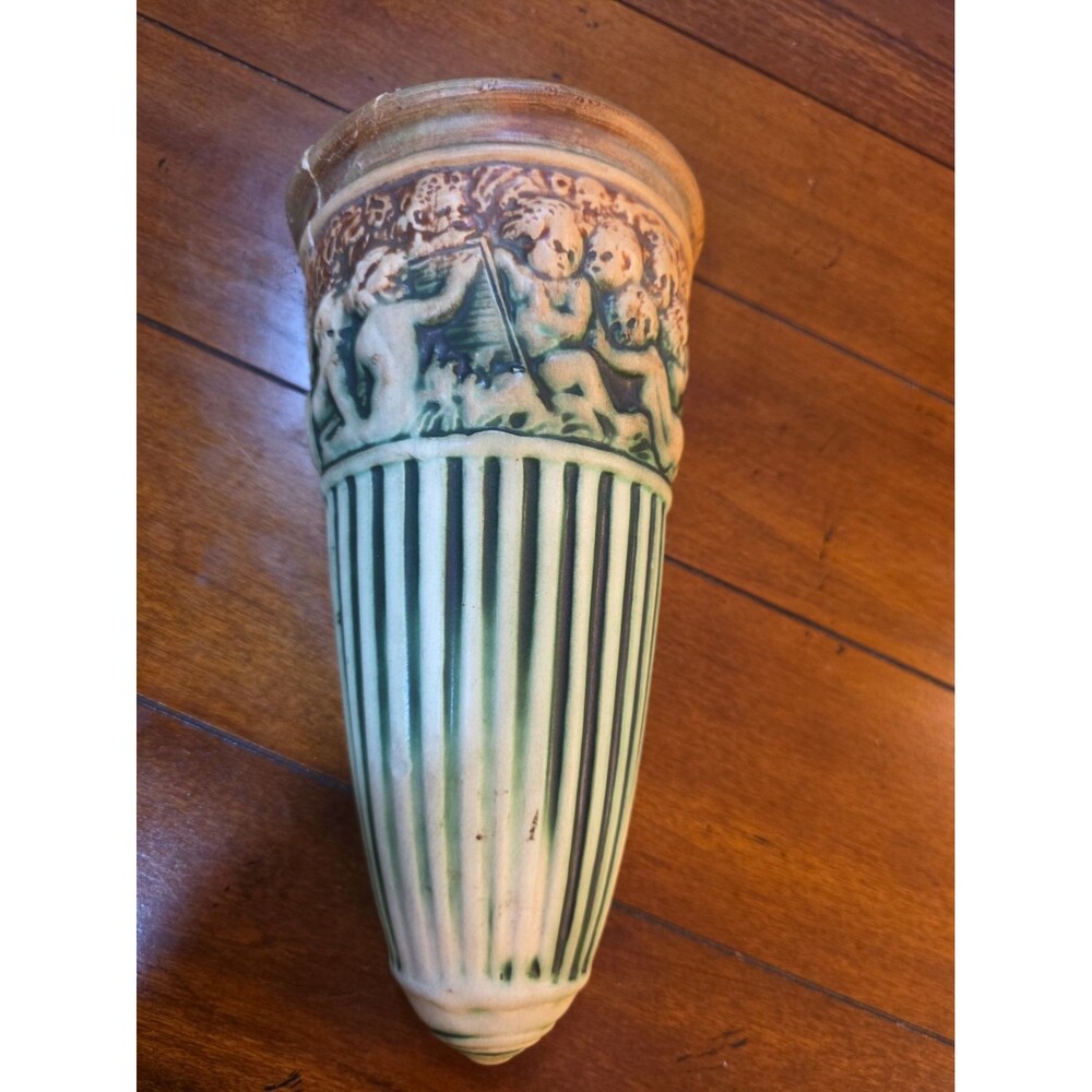Weller Fairfield Circa 1915  Cherub Green Wall Sconce pocket Vase 9"